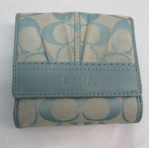 Coach Signature Small Trifold Wallet Aqua Blue Leather Compact ID Coin Purse